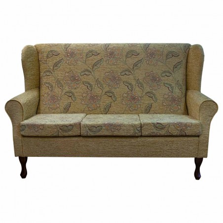 3 Seater Wingback Sofa in a Maida Vale Floral and Plain Gold Fabric