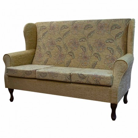 3 Seater Wingback Sofa in a Maida Vale Floral and Plain Gold Fabric