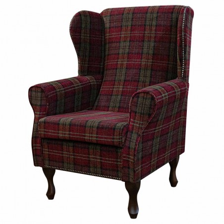 LUXE Medium Wingback Fireside Westoe Chair in a Lana Red Tartan Fabric with Half Studding