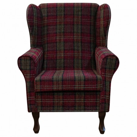 LUXE Medium Wingback Fireside Westoe Chair in a Lana Red Tartan Fabric with Half Studding