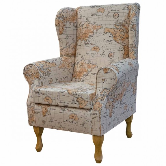 Standard Wingback Fireside Chair in a Maps Multi 100% Cotton Fabric