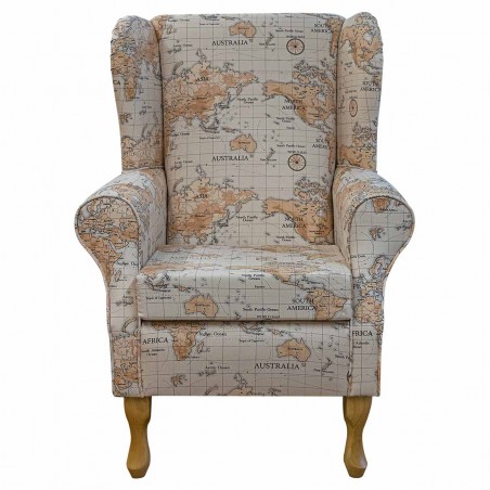 Standard Wingback Fireside Chair in a Maps Multi 100% Cotton Fabric
