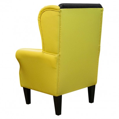 yellow leather armchair with black cushions