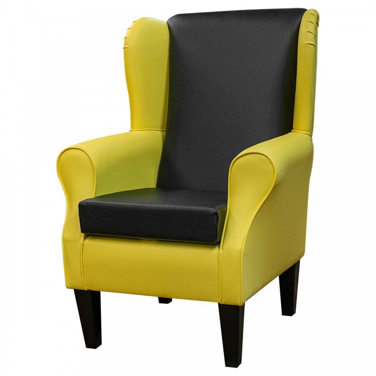 yellow leather fireside chair with black cushions