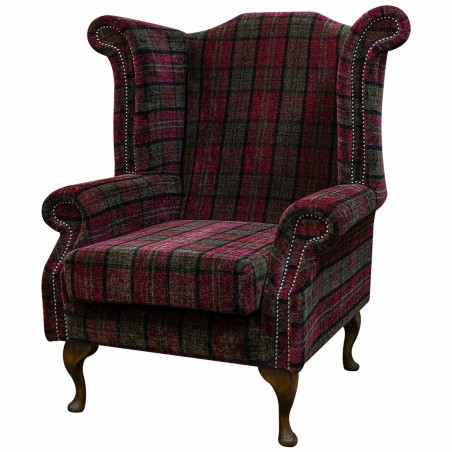 CLEARANCE LUXE Large Wingback Monk Armchair in a Red Lana Tartan Fabric