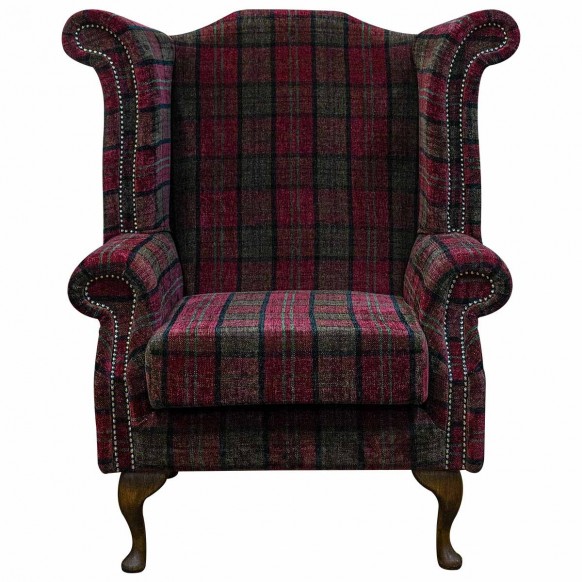 CLEARANCE LUXE Large Wingback Monk Armchair in a Red Lana Tartan Fabric