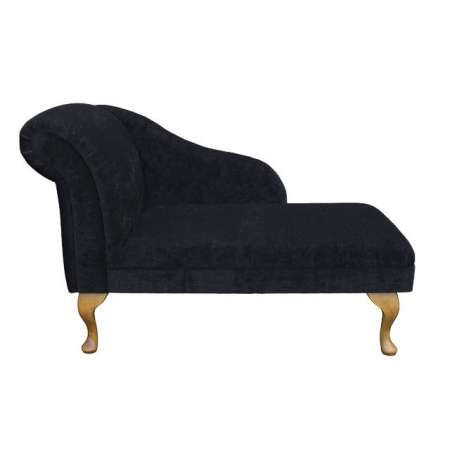 45" Chaise Longue in a Velluto Ebony Black Chenille Fabric with Light Queen Anne Hardwood Legs - VEL225