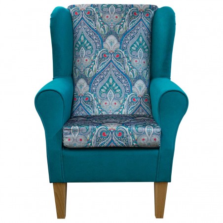 Standard Wingback Fireside Chair in a Prints Medallion & Notting Hill Plain Azure Velvet Fabric