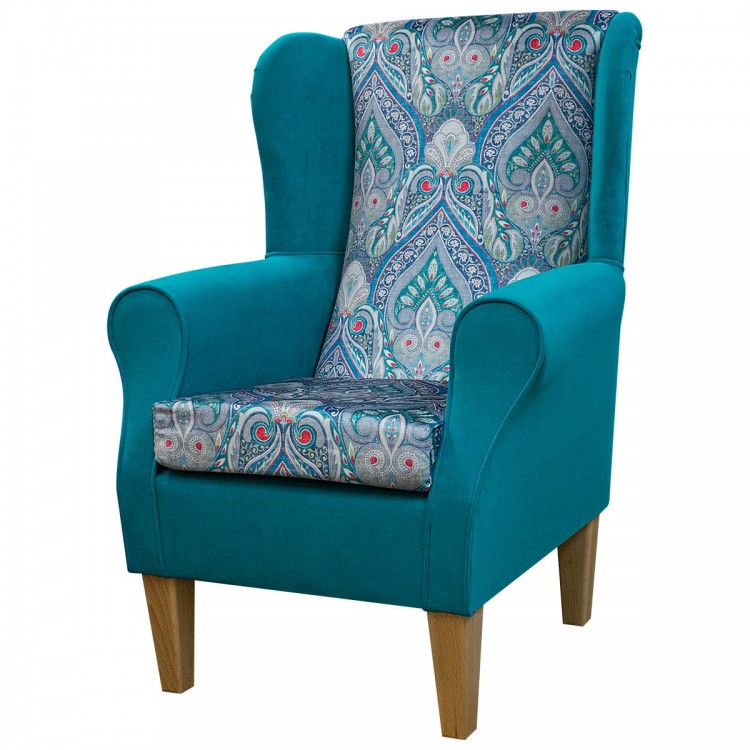 Teal Fireside Chair in a Prints Medallion &  Plain Azure Velvet Fabric