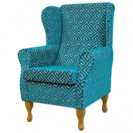 LUXE Medium Wingback Fireside Westoe Chair in an Extravaganza Meander Teal Fabric