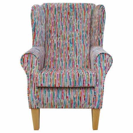 LUXE Standard Wingback Fireside Chair in an Extravaganza Stripe Burst Rainbow Fabric