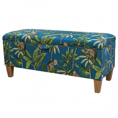 teal storage box in monkey pattern fabric