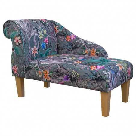 41" Mini Chaise Longue in a Maestro Ribera Grey Botanical Printed Velvet Fabric