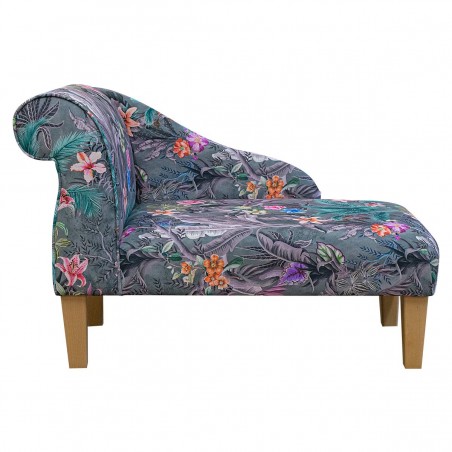 41" Mini Chaise Longue in a Maestro Ribera Grey Botanical Printed Velvet Fabric