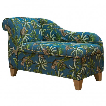 45" Storage Chaise Longue in a Monkey Teal 100% Cotton Print Fabric