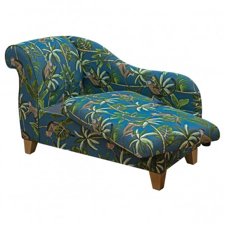 45" Storage Chaise Longue in a Monkey Teal 100% Cotton Print Fabric