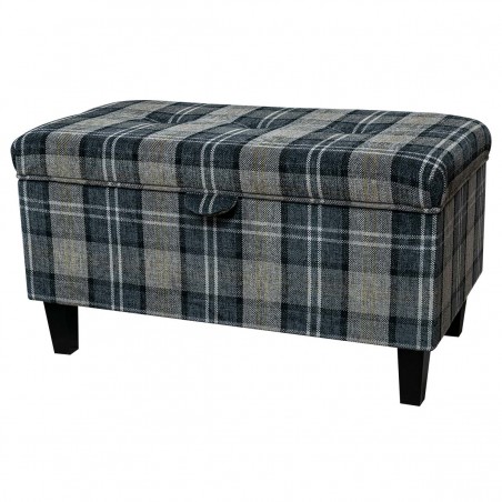 LUXE Storage Ottoman in a Lana Granite Plaid Tartan Fabric with Fabric Buttoned Lid