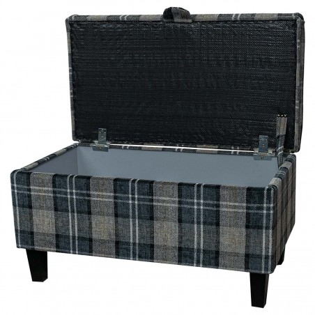 LUXE Storage Ottoman in a Lana Granite Plaid Tartan Fabric with Fabric Buttoned Lid