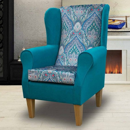 Standard Wingback Fireside Chair in a Prints Medallion & Notting Hill Plain Azure Velvet Fabric