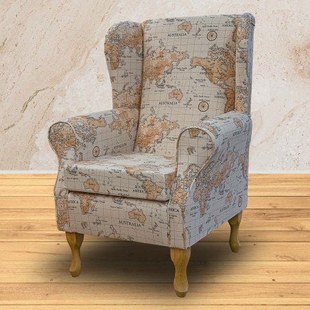 Standard Wingback Fireside Chair in a Maps Multi 100% Cotton Fabric