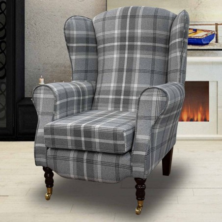 LUXE Duchess Wingback Armchair in a Balmoral Dove Grey Tartan Fabric