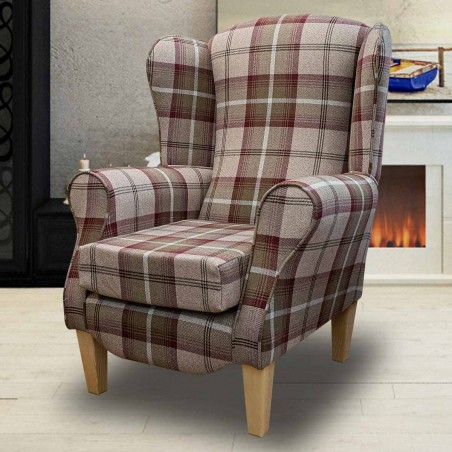 LUXE Duchess Wingback Armchair in a Balmoral Mulberry Tartan Fabric