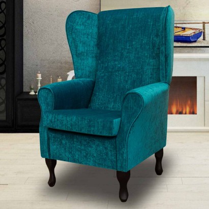 Large High Back Chair in a Pastiche Slub Teal Fabric