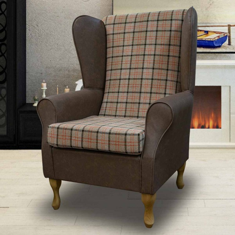 LUXE Large High Back Chair in a Lana Dune Tartan & Infinity Truffle Faux Leather