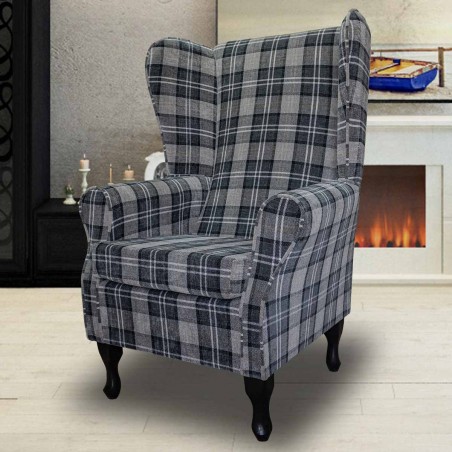 LUXE Large High Back Chair in a Lana Granite Plaid Tartan Fabric