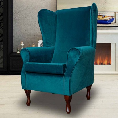 Large High Back Chair in a Malta Peacock Deluxe Velvet Fabric