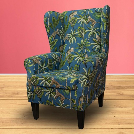 Large High Back Chair in a Monkey Teal 100% Cotton Print Fabric