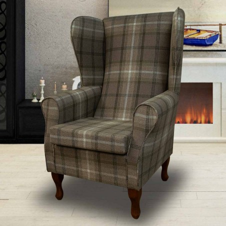 LUXE Large High Back Chair in a Sophie Check Chocolate Fabric