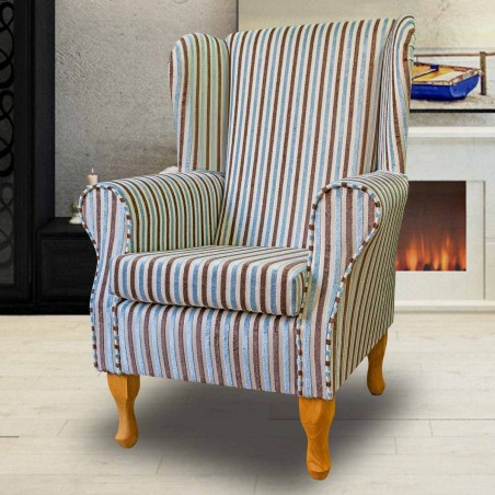 LUXE Standard Wingback Fireside Westoe Chair in an Eleganza Blue & Chocolate Stripe Fabric