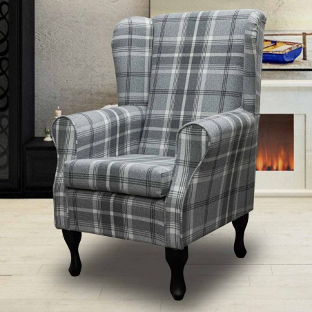 LUXE Standard Wingback Fireside Westoe Chair in a Balmoral Dove Grey Check Fabric