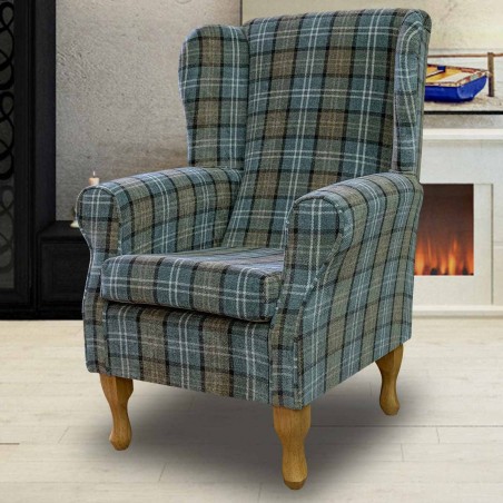 LUXE Standard Wingback Fireside Westoe Chair in a Lana Blue Tartan Fabric