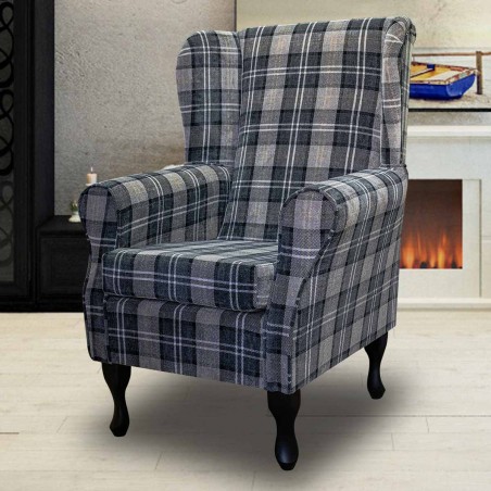 LUXE Standard Wingback Fireside Westoe Chair in a Lana Granite Plaid Tartan Fabric