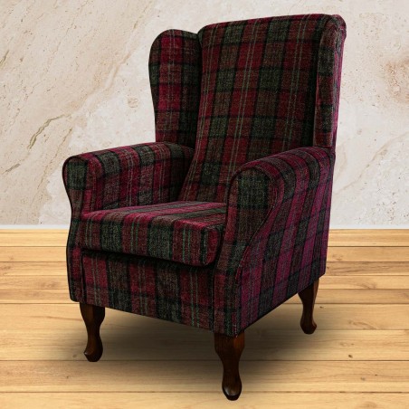 LUXE Standard Wingback Fireside Westoe Chair in a Red Lana Tartan Fabric