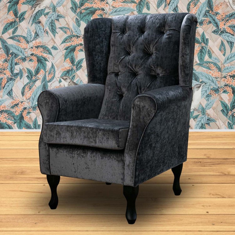 Buttoned grey crushed velvet chair