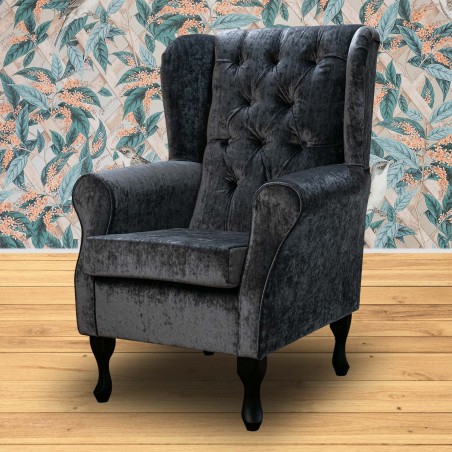 Standard Wingback Fireside Westoe Chair with Buttoning in a Pastiche Slub Steel Fabric