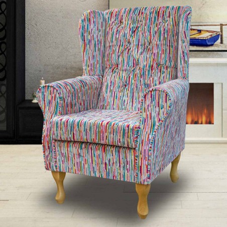 LUXE Standard Wingback Fireside Westoe Chair in an Extravaganza Stripe Burst Rainbow Fabric