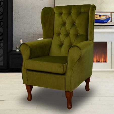 Standard Wingback Fireside Westoe Chair with Buttoning in a Malta Grass Deluxe Velvet Fabric