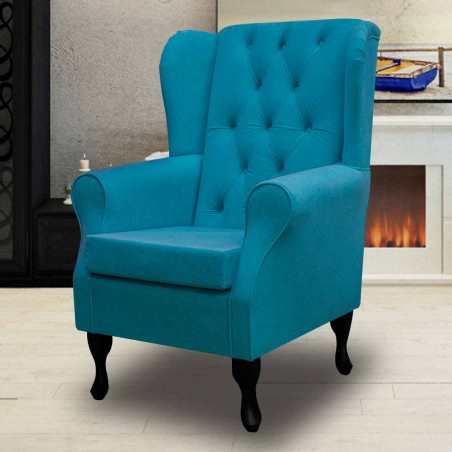 Standard Wingback Fireside Westoe Chair with Buttoning in a Plush Light Blue Fabric