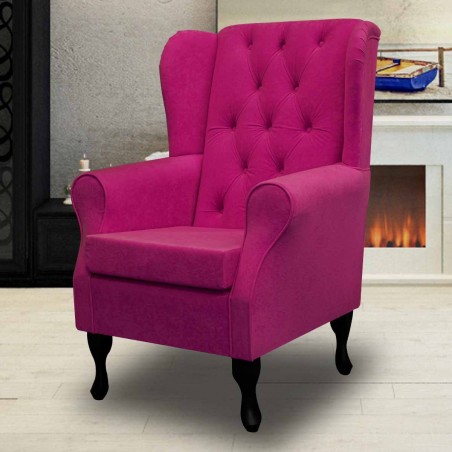 Standard Wingback Fireside Westoe Chair with Buttoning in a Plush Fuchsia Pink Fabric