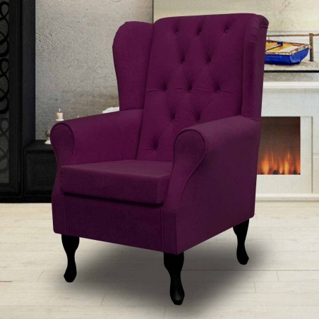 Standard Wingback Fireside Westoe Chair with Buttoning in a Plush Plum Purple Fabric