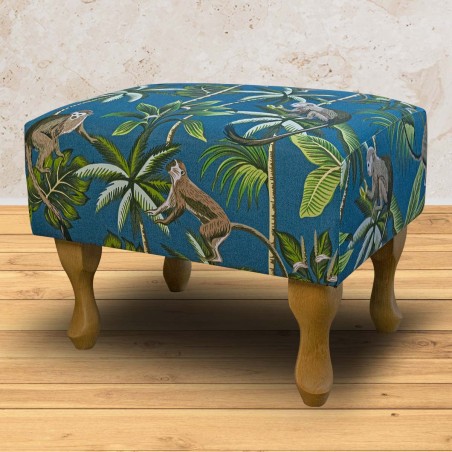 Small Footstool in a Monkey Teal 100% Cotton Print Fabric