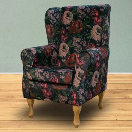 Standard Wingback Fireside Chair in a Prints Vol 1 Blossom Wine Velvet Fabric