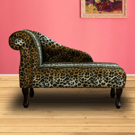 41" Mini Chaise Longue in a Leopard Print Faux Fur Fabric with Studding