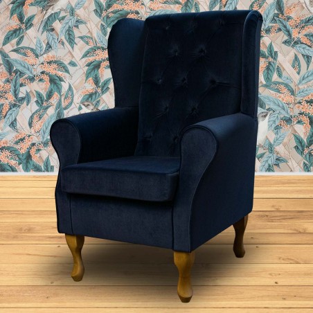 LUXE Standard Wingback Fireside Westoe Chair in an AquaVelvet Navy Velvet Fabric