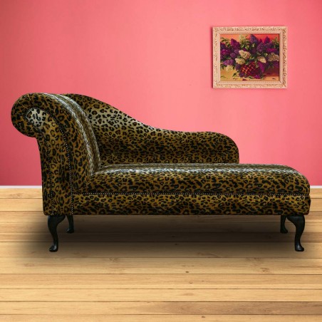 60" Large Chaise Longue in a Leopard Print Faux Fur Fabric with Studding