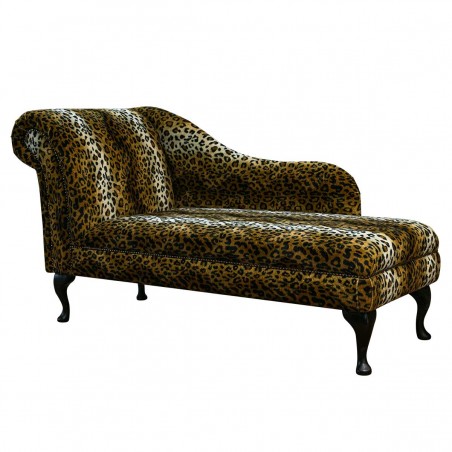 60" Large Chaise Longue in a Leopard Print Faux Fur Fabric with Studding